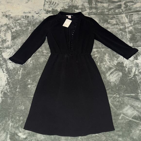 H&M A-Line Mini Dress Women's 2 Black Long Sleeve Button Front V-Neck - Picture 1 of 8